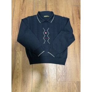 Vintage Paolo Gucci Men's 90 Black Knit Polo Sweater Rose Embroidered Preppy